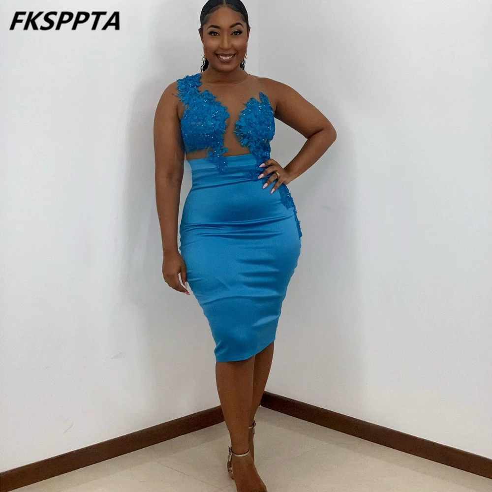 

Custom Made Short Blue 2024 African Prom Dresses Sheath Knee Length Stunning Appliques Tulle Sexy Wedding Party Gowns