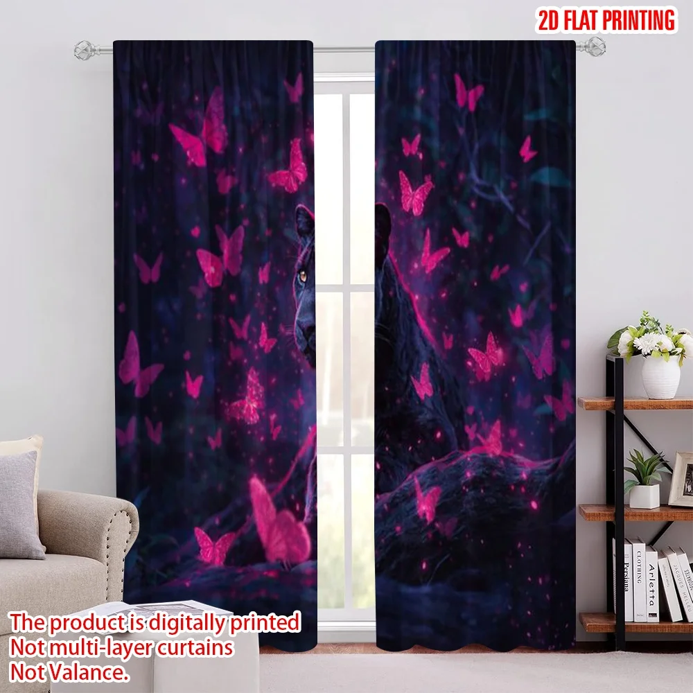 2D flat printing 2pcs Curtain Window Treatment Curtains Panther with Glowing Butterflies Digital Printed Polyester Drapes Family