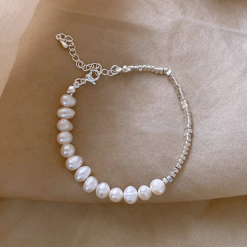 

Freshwater Pearl Broken Silver Splicing Bracelet Women's Light Luxury Temperament Bracelet Fashion Design Hand Jewelry