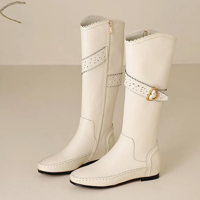 2026 Women's Shoes Genuine Leather Knee High Boots Flat Heel Scalloped Edge Buckle Strap Side Zipper Elegant Riding Boots