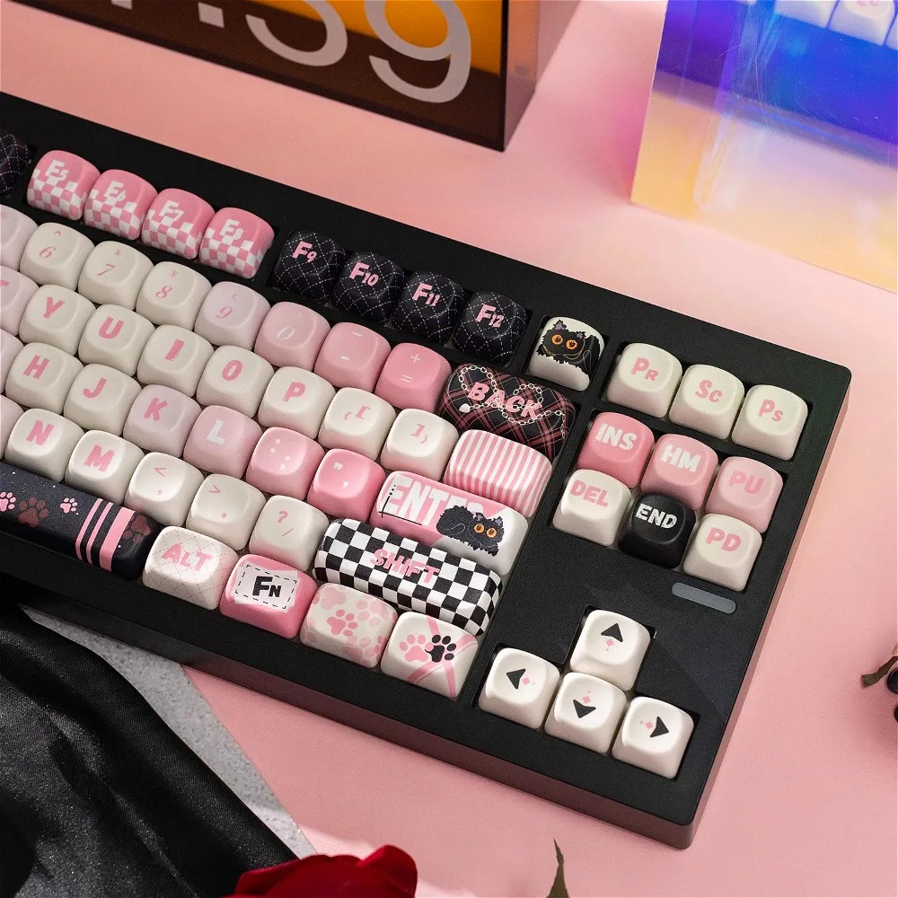 

XDA Profile PBT Keycaps, Kawaii Sassy Cat Design, Dye-Sub for Mechanical Keyboard, Black Pink (61/68/84/87/98/108 Keys)