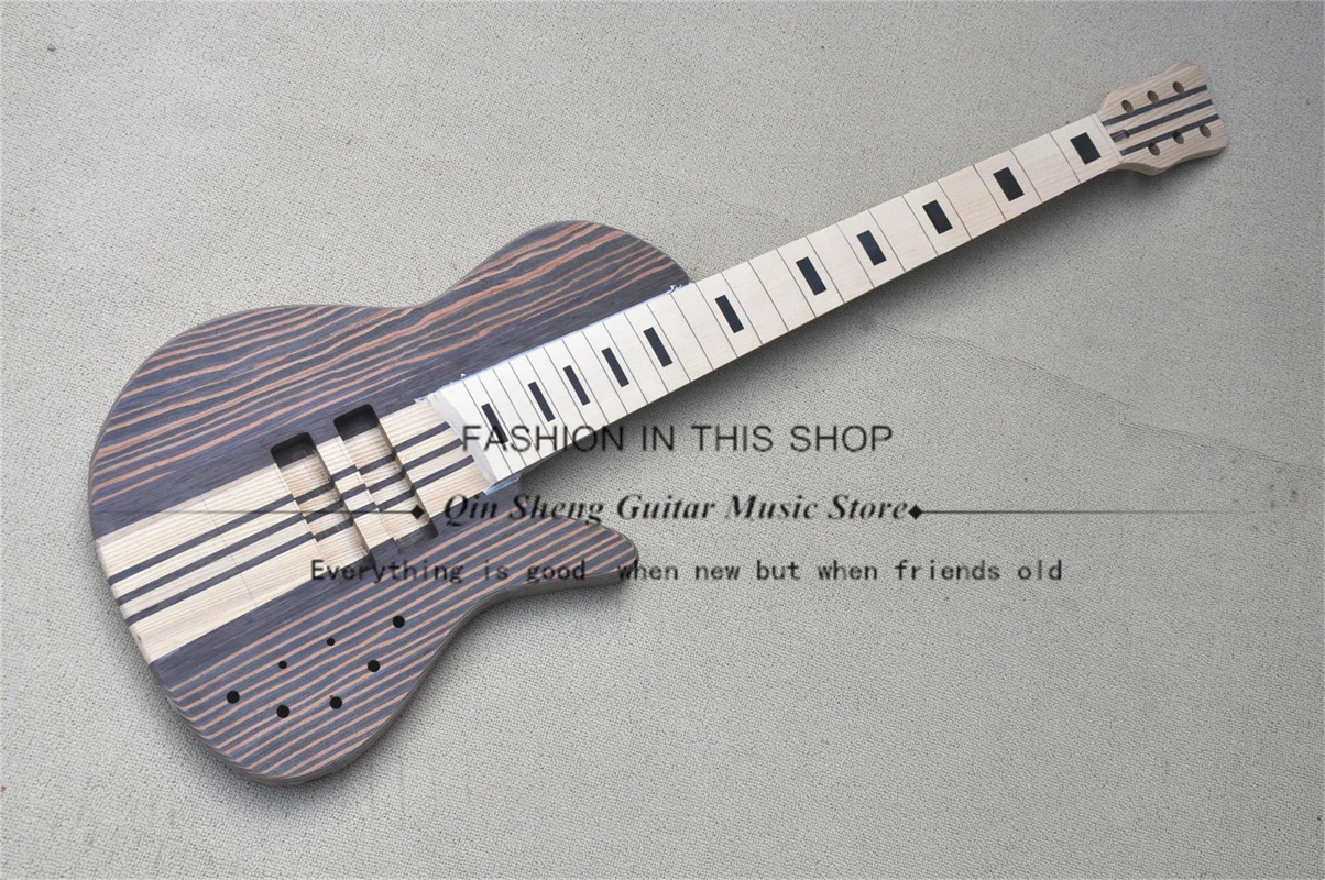 6-string bass guitar 7-piece wood neck through zebra wood body Semi-finished bass No paint No hardware