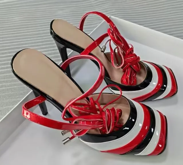 

Square Head Shallow Red And black Color Scheme Strange Shoes Stilettos Winding Ankle Straps Luxurious Women's Shoes Runway Shoes