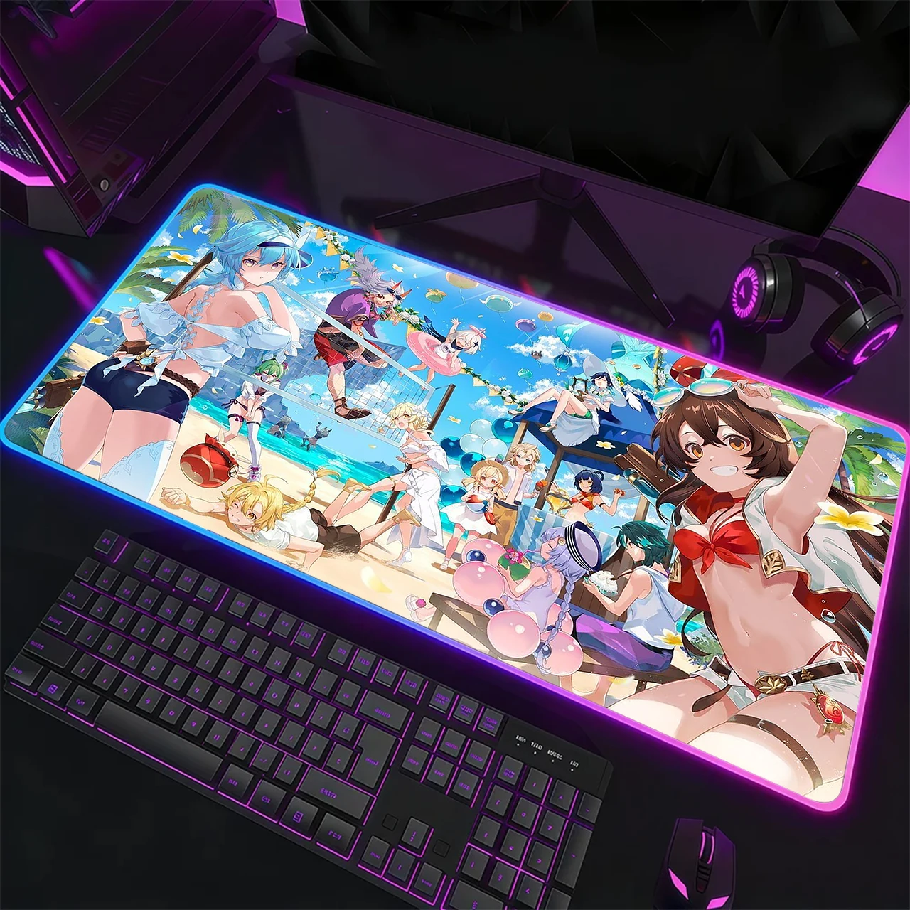 

RGB Gaming Mouse Pad,Desk Mat,Large Size,Anti-slip,Stitched Edges,Soft Rubber,Multi Anime Char Beach Deskpad For Office Use