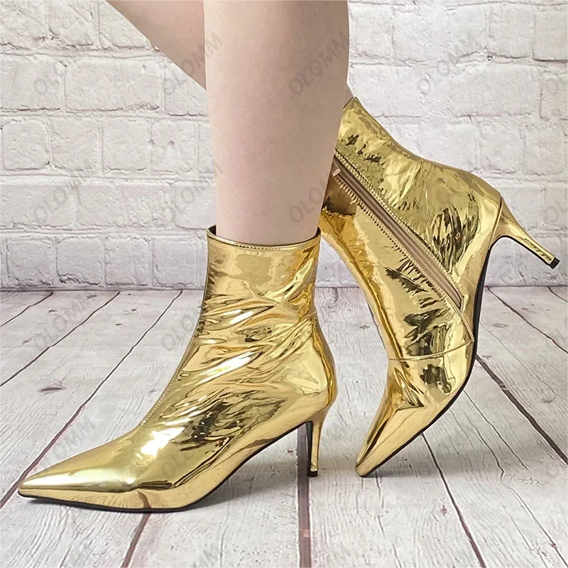 

Ronticool Handmade Winter Ankle Boots for Women Glossy Stiletto Heels Champagne Gold Sexy Party Shoes Size 38