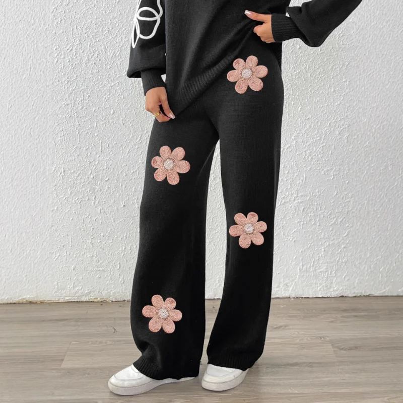 Damen-Hose mit mittelhoher Taille, lässig, Wolle, bestickt, Blumenperlen, modisch, gerade, weites Bein, gewebte Wollhose