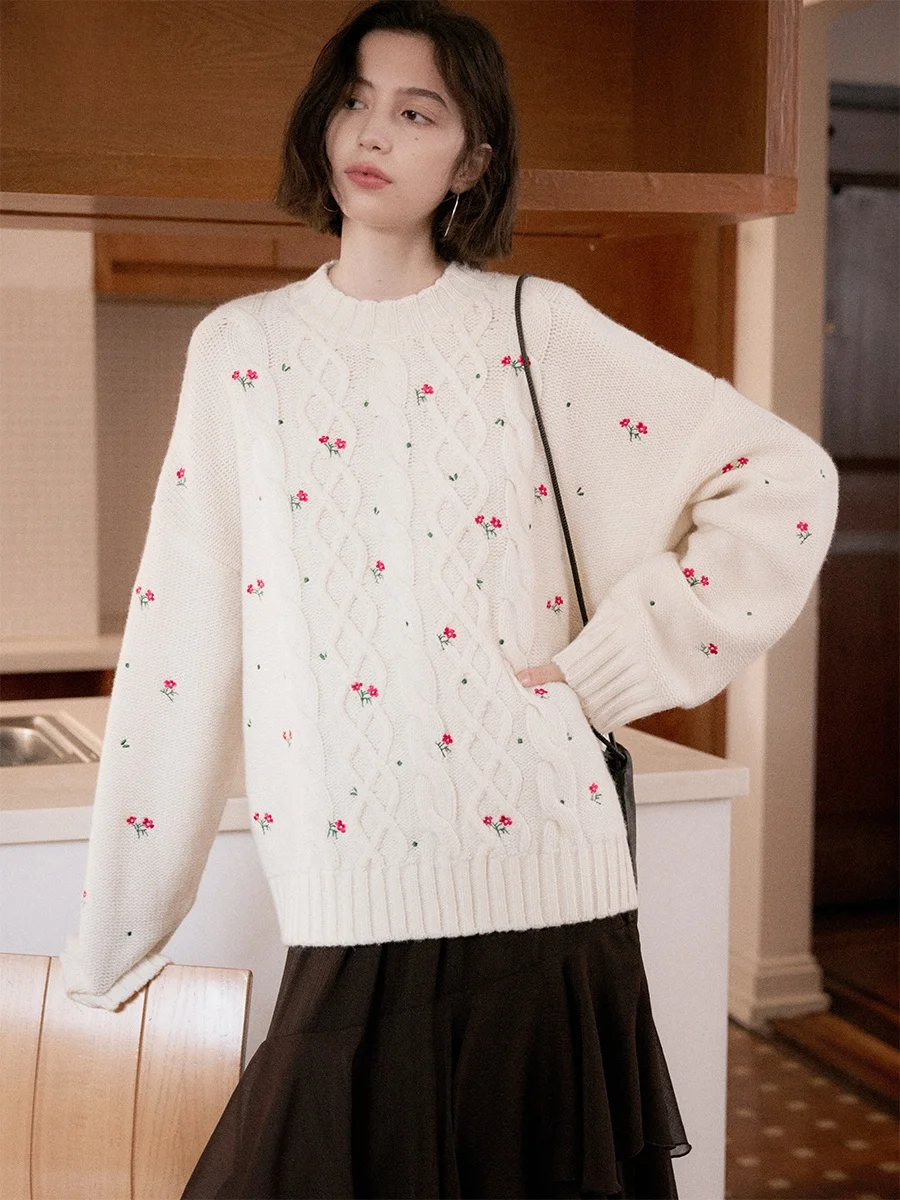 

Even Vintage 00% Wool Knitted Sweater Casual Sle Loose Fit Overhead with Embroidered Small Flowers Versatile Long Sve