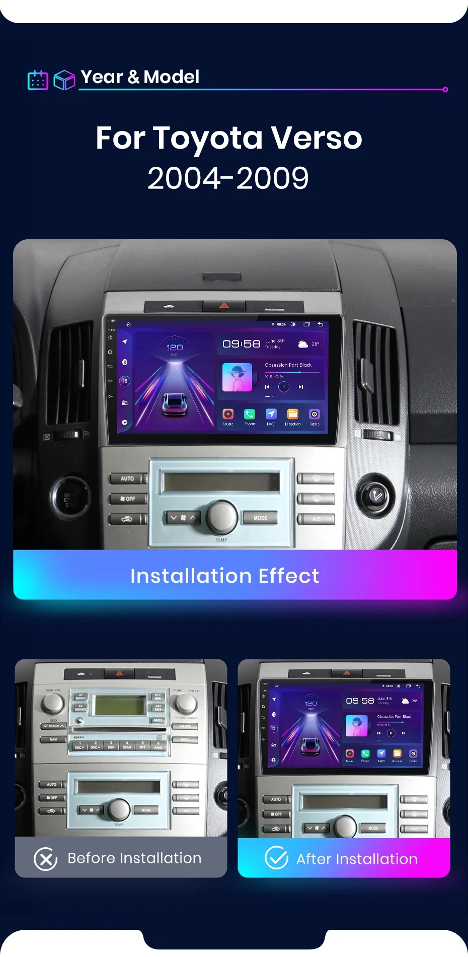 Junsun carplay android auto autoradio für toyota corolla verso 2008-2015 gps intelligente systeme tereo multimedia autoradio – Detail 3