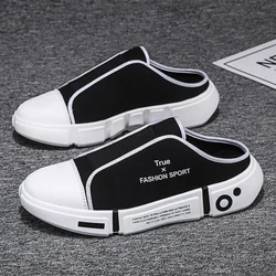 2023 Summer Half Canvas Slippers Korean Men's Shoes Breathable Summer Mules White Casual Men Sandals Women Board Backless Mules