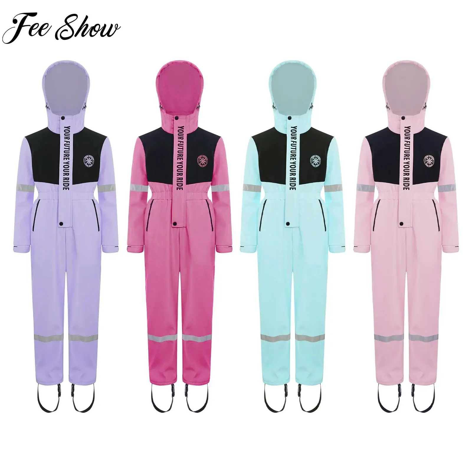 

Girls Boys Color Block Ski Hooded Jumpsuit Snowsuit Long Sleeve Zipper Water Resistant Bodysuit for Skiing Snowboarding Sports