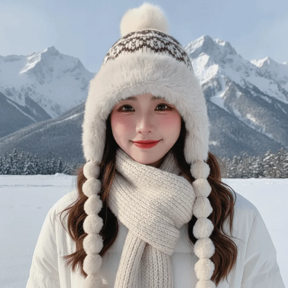 Fleece Lined Pompom Braids Hat Striped Knit Soft Yarn Fleece Knit Beanie Fur Brim Windproof Fur Trim Trapper Ladies