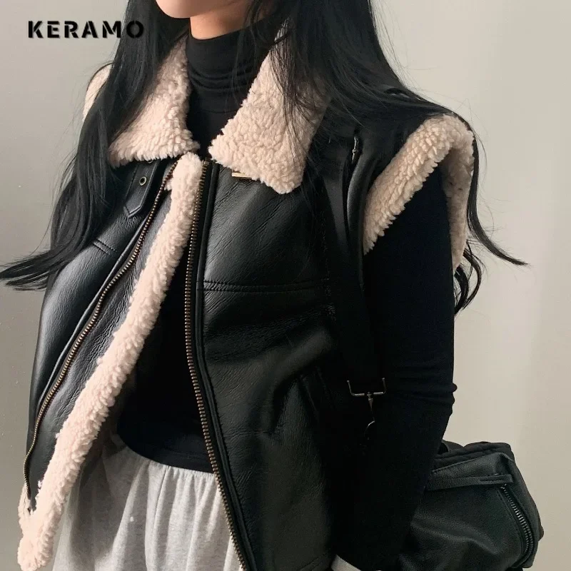 2024 Autumn Winter Luxury Vintage Style Baggy Casual Sleeveless Vest Jacket For Women Zipper Turn Down Collar Black Tank Coat