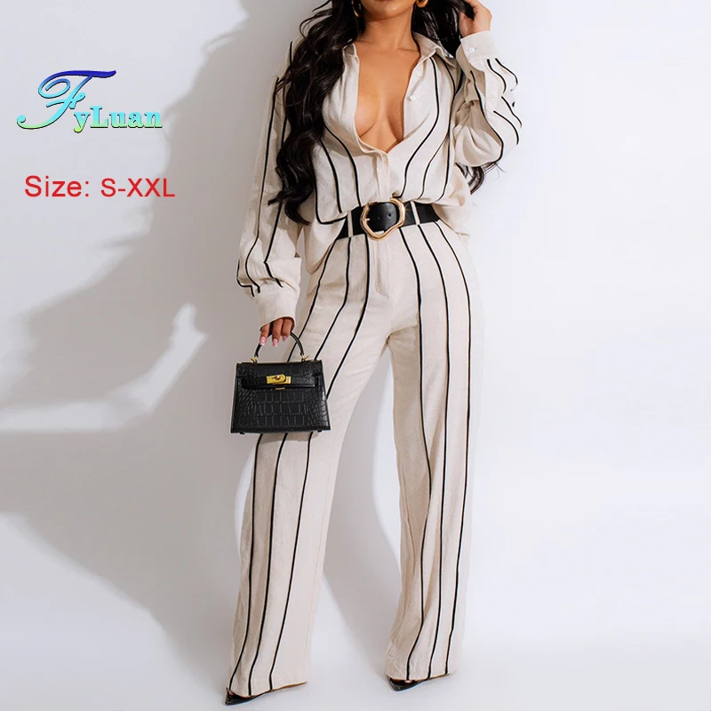 

Fashion Women Striped Trousers Sets Long Sleeve Turn Down Collar Shirt Straight Romper Pants Comfortable Commuting Two-Piece Set