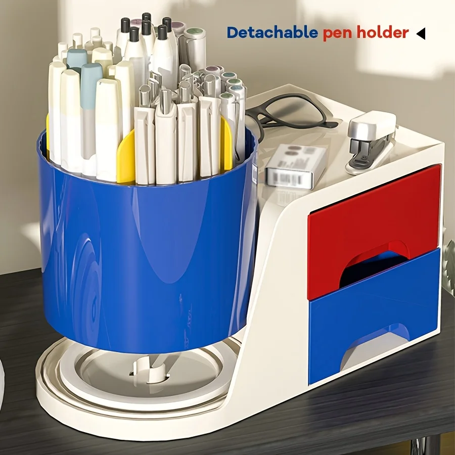 

360° Rotating Pen Holder with Drawer, Large Capacity Double-Layer Storage Box, Modern Bauhaus Style