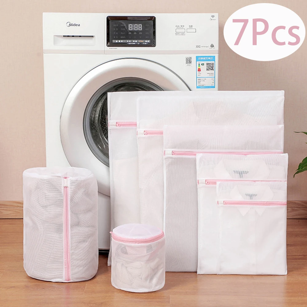 7Pcs Laundry Bags Pink Zipper Fine Mesh Clothes Protection Laundry Bag For Washing Machine Dirty Clothes Storage Washing Bag Set