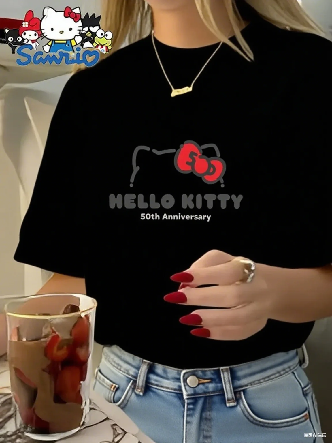 

Sanrio Hello Kitty 50th Anniversary Cotton T Shirt Commemorative Logo Design for Fans Streetwear Print New Arrival Tee S-4XL