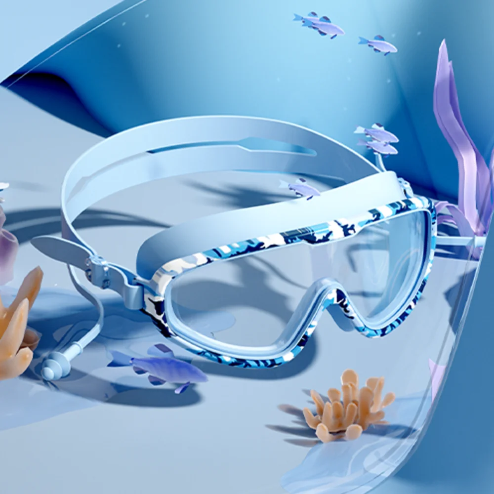 

Large Frame Kids Swim Goggles with Ear Plug Anti Fog Swimming Goggles Wide View Vibrant Colors Diving Goggles Set Children
