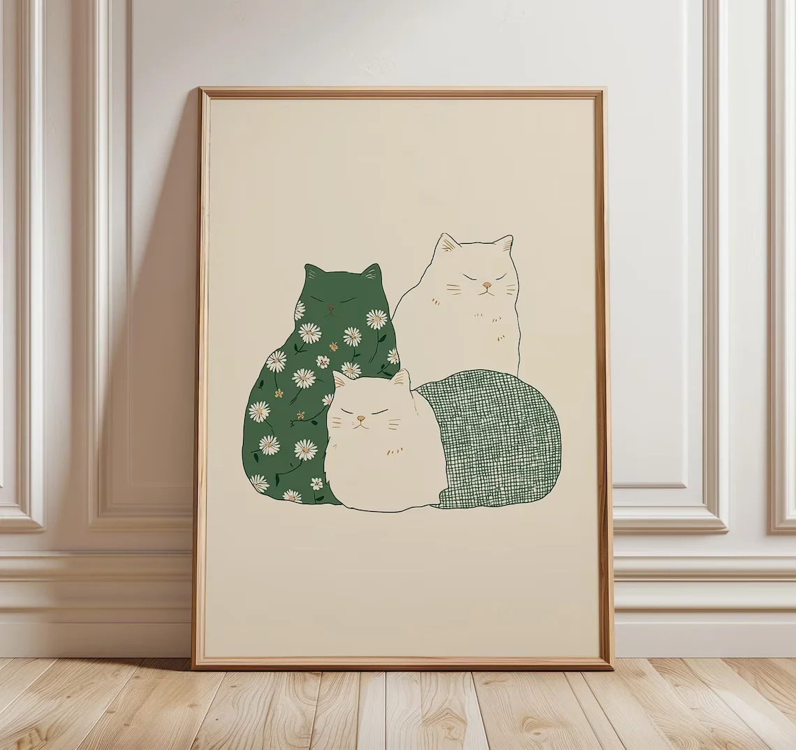 Minimalist Daisy Pattern Cats Wall Print Decor - Charming Line Art Illustration of Four Cozy Sleeping Cats, Featuring a Green Da