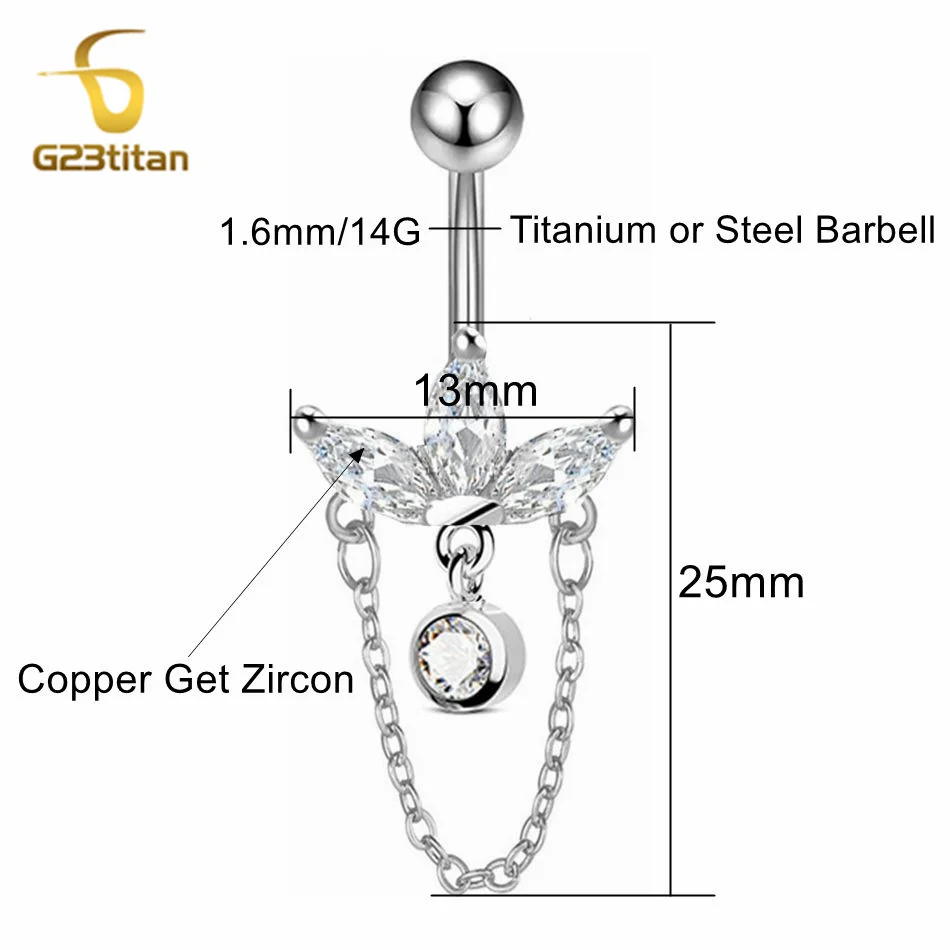 Boho Lotus Flower Belly Ring Dangling Chain CZ 14G Titanium Navel Piercing Jewelry Women Summer Crop Top Accessory Silver Color