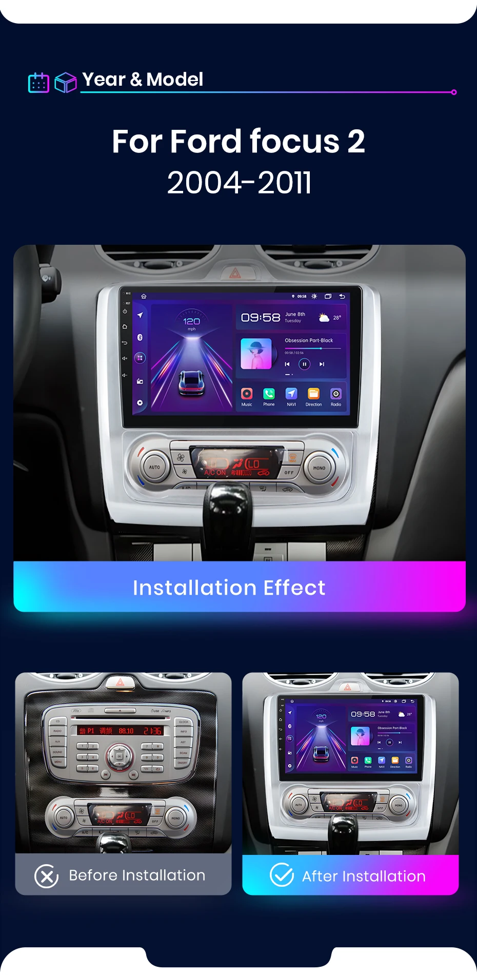 Junsun Kabelloses CarPlay Android Auto Autoradio für Ford Focus 2 3 Mk2 Mk3 2004-2011 2 DIN Multimedia-Stereoanlage mit Eingebautem Kühlventilator GPS-Navigation SWC Bluetooth FM RDS DSP IPS-Bildschirm Auto-Intelligentes System 4G WiFi – Detail 6