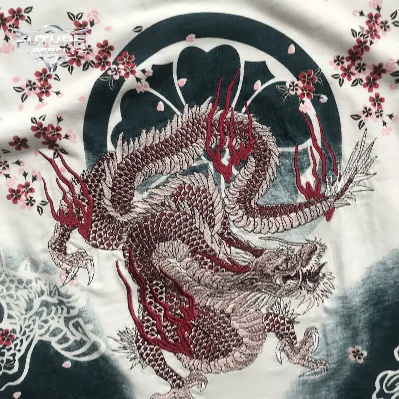 Summer New Streetwear Dragon Embroidery T Shirt Unisex Loose Crew Neck Short Sleeve Cotton Tops Japanese Style Sakura Harajuku
