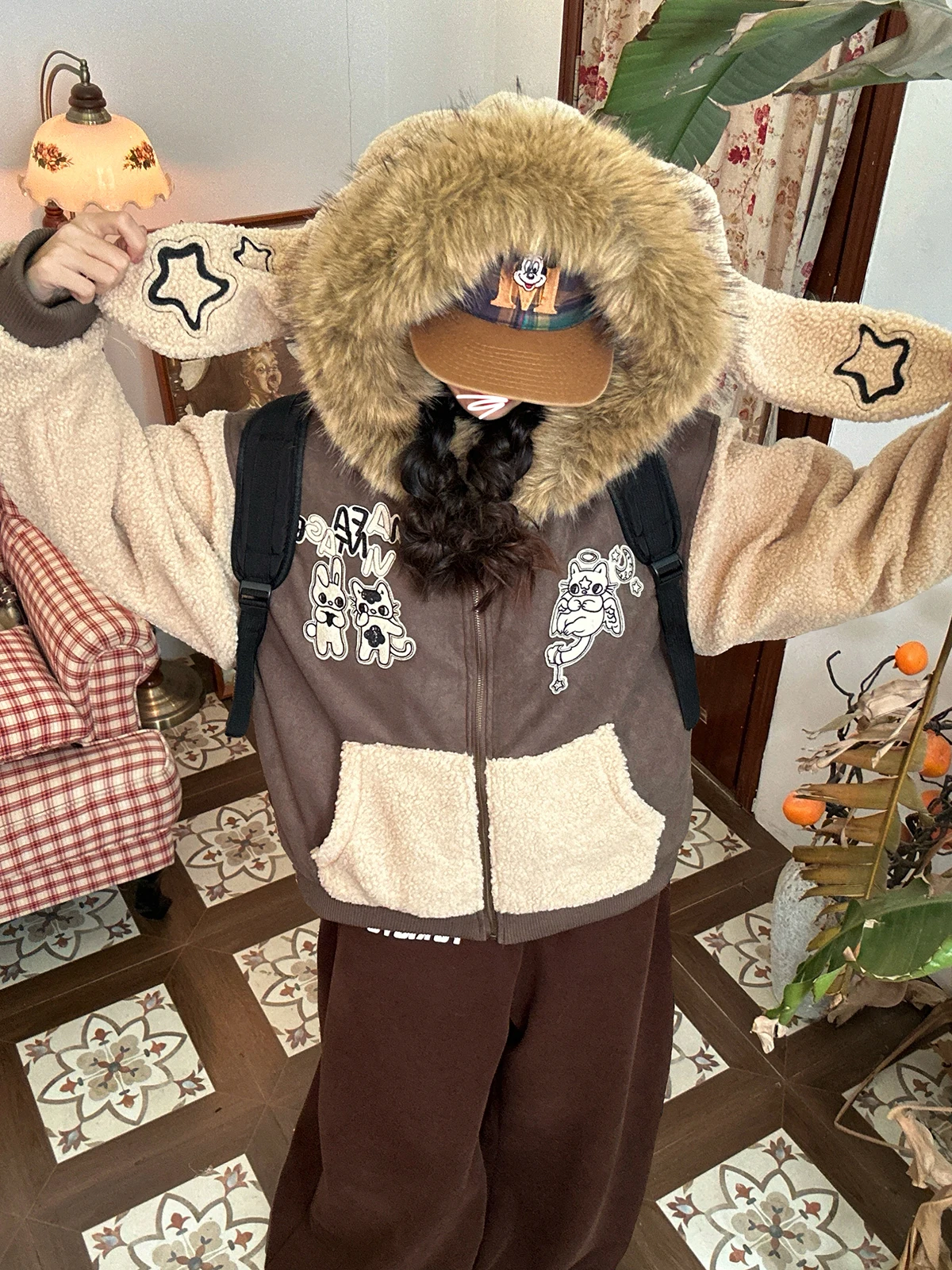 

C2 Лоскутное хлопковое пальто с капюшоном из меха ягненка и кроличьих ушей для мужчин и женщин, зимняя стеганая верхняя одежда с меховым воротником, универсальное пальто