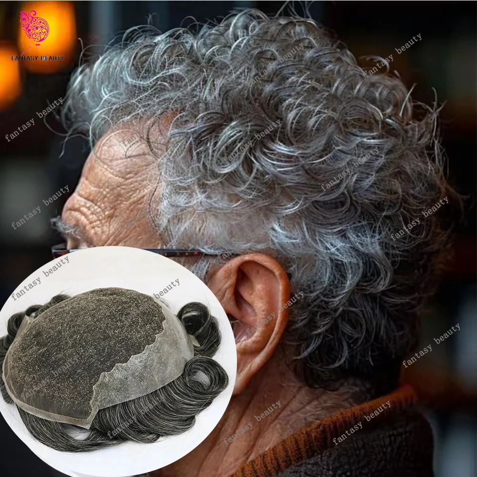 

20 мм вьющиеся необнаружимые серые 1B20 1B65 прочный Q6 мужской парик из человеческих волос дышащая кружевная передняя часть ПУ отбеливающий узел капиллярный протез