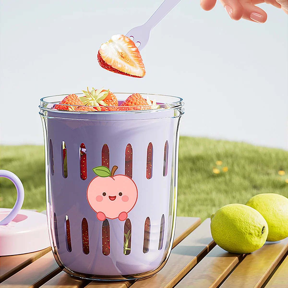 كوب سلطة فواكه محمول بطبقة مزدوجة مع شوكة ملصق لطيف مانع للتسرب كوب الإفطار حاوية شوفان الزبادي للأطفال الطلاب