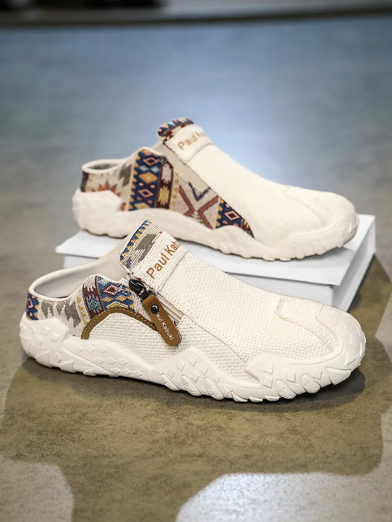 Men's Canvas Shoes Summer Casual Low Top Breathable Soft Bottom Slip-On Anti-Slip Linen Material Lazy Style Half Slippers