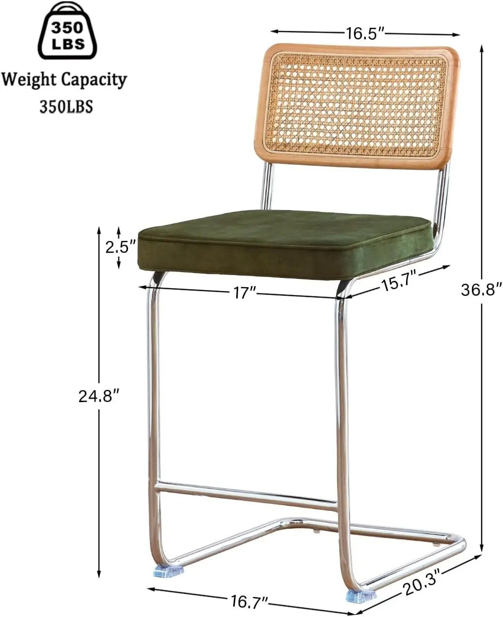 등나무 바 스툴 2개 세트, 24' 카운터 높이, 녹색 장식품, 크롬 다리, 보헤미안 모던 주방 스툴