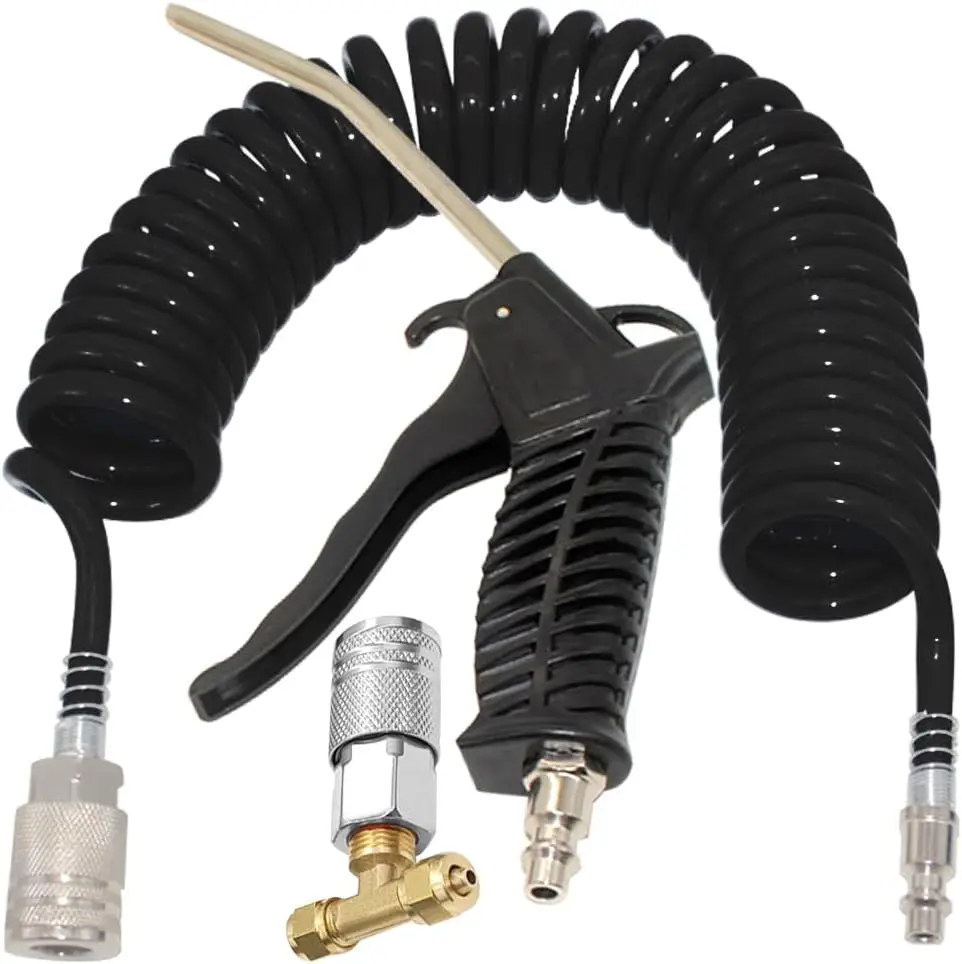 16ft Long 8mm OD Coil PU Air Hose Black Air Blow Gun Kit Air Duster Tool for Cleaning
