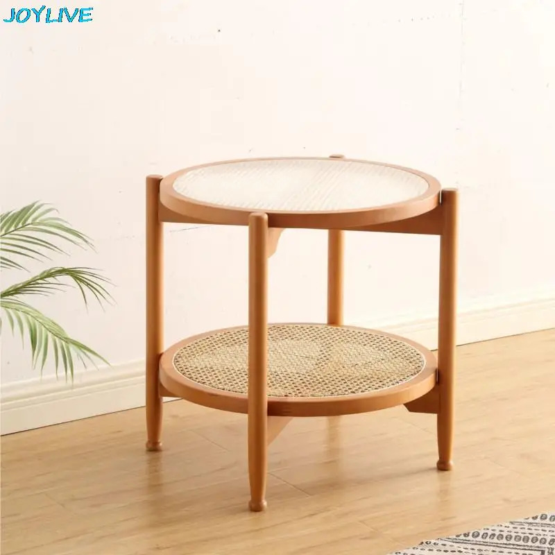 JOYLIVE Rattan Coffee Table Japanese Double Layer Detachable Solid Wood Table Glass Round Home Small Table 2022 New Dropshipping