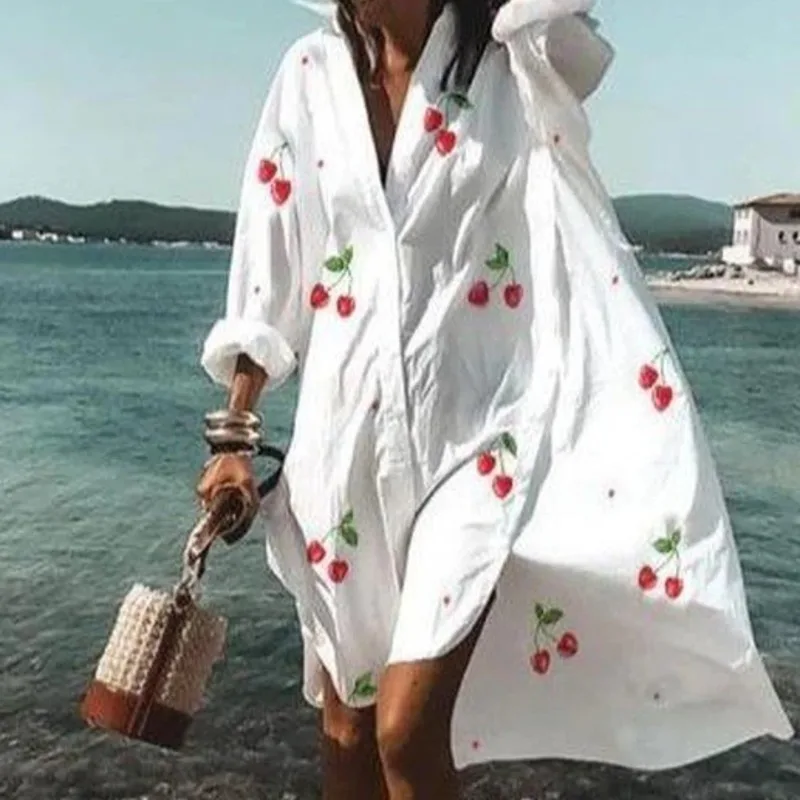 Vestido de praia curto estampado floral boêmio feminino, camisa de botão, roupão com decote em v, roupas grandes, festa