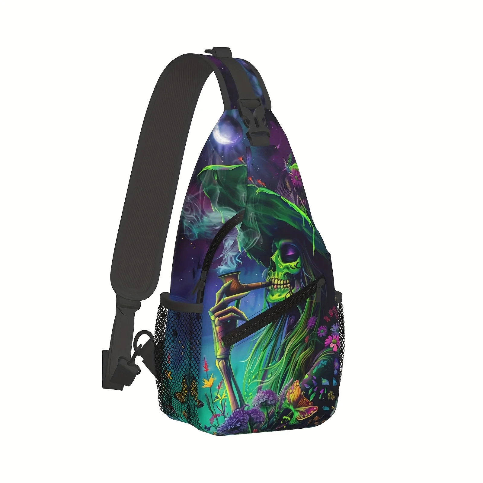 Green Skull Butterfly Print Crossbody Chest Bag Large Capacity Foldable Hiking Shoulder Bag Suitable for Outdoor, Fishing