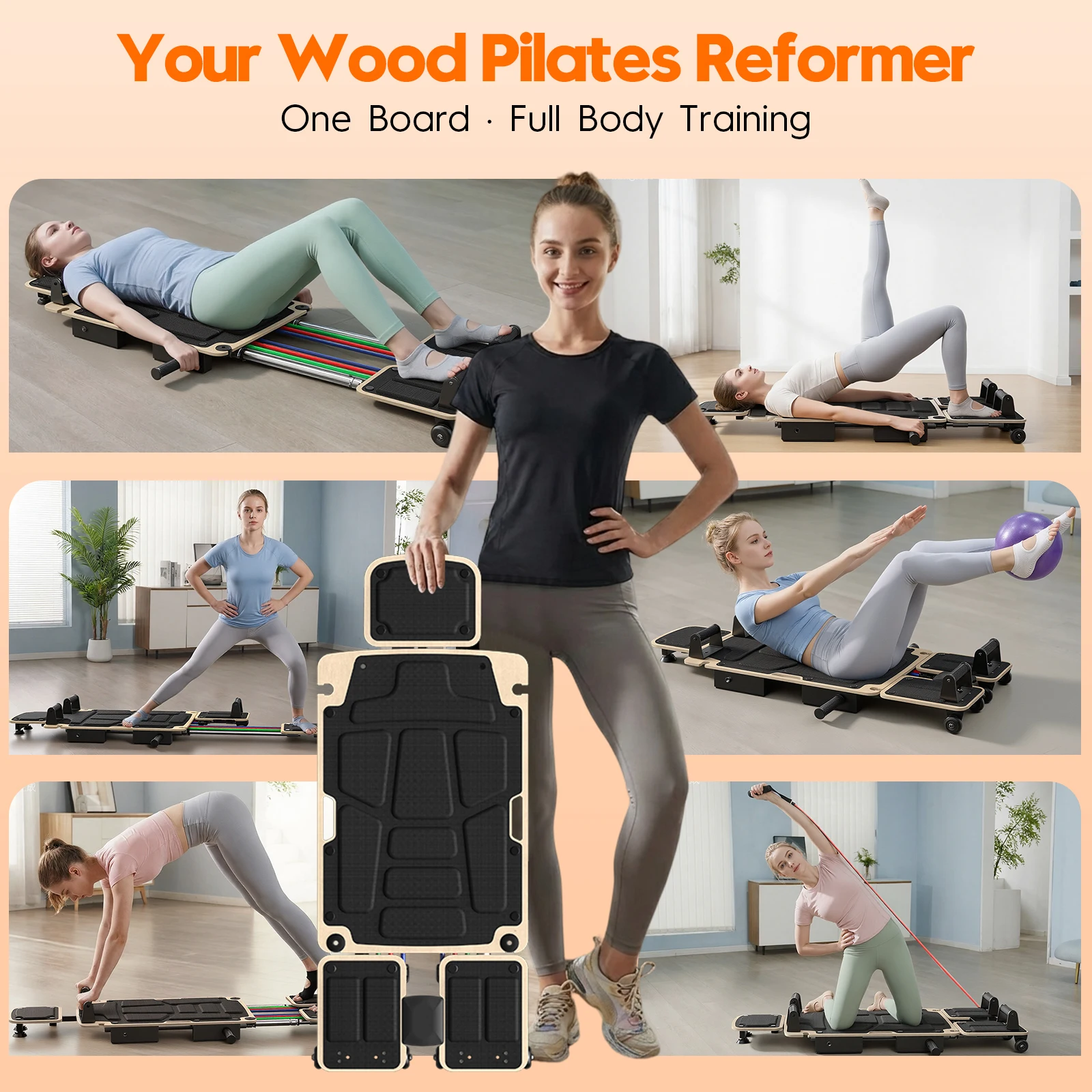 5-in-1 Pilates Reformer-Dual Foot Pads, Smooth Rail, Adjustable Headrest 110-190cm, Full-Body Home Gym