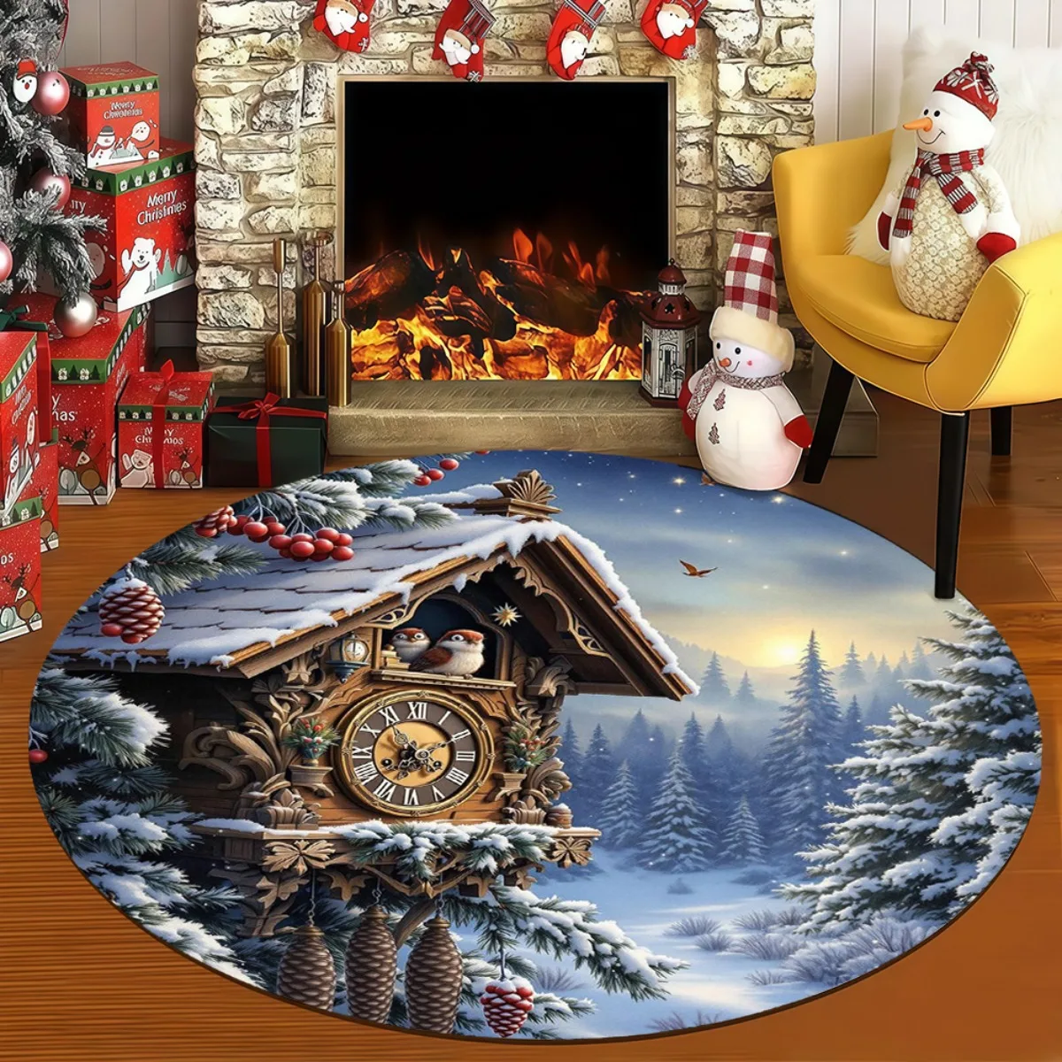 1pc 2D Flat Round Winter Door Mat, Snowy Forest & Chalet Clock House Print Rug for Living Room Bedroom, 2D Flat Home Decor