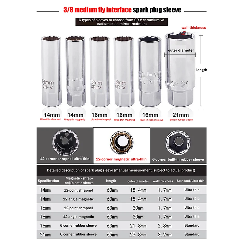 

vanadium Car Spark Plug Socket Universal Wrench 14/16/21mm Install Replace Repair Kit Magnetic Spark Plug Removal For Car Repair