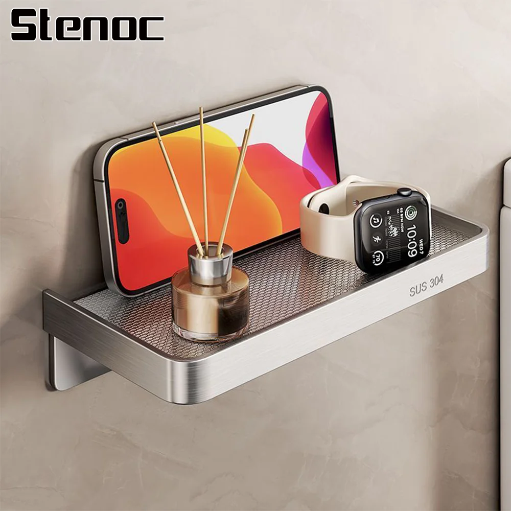 1pc Wall Mounted Toilet Paper Holder With Phone Stand Bathroom Shelf Phone Storage Rack Stainless Steel Bathroom Shelf Organizer