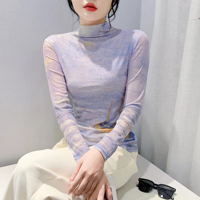 Faionable Ombre Me Base irt Alta Elástica Longa Sve Camiseta Feminina Apertada Desgaste Interno Commute Sle Versão Coreana Nylo...