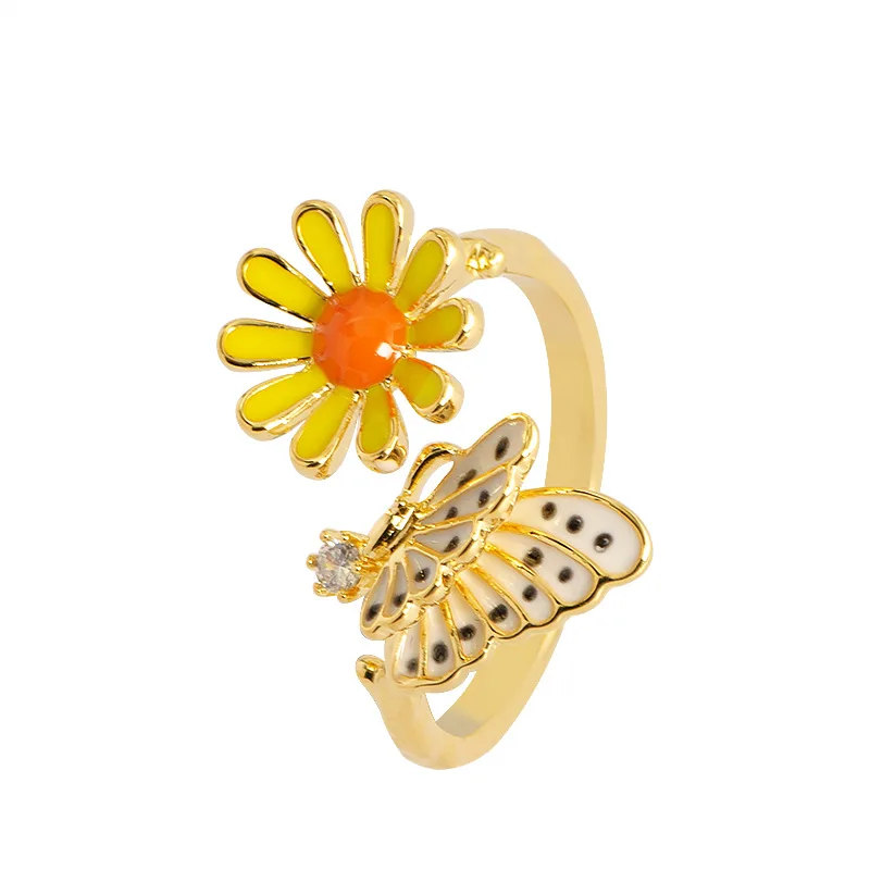 Fashionable and fresh enamel dripping butterfly flower ring for women, non-fading, adjustable, light and luxurious open ring