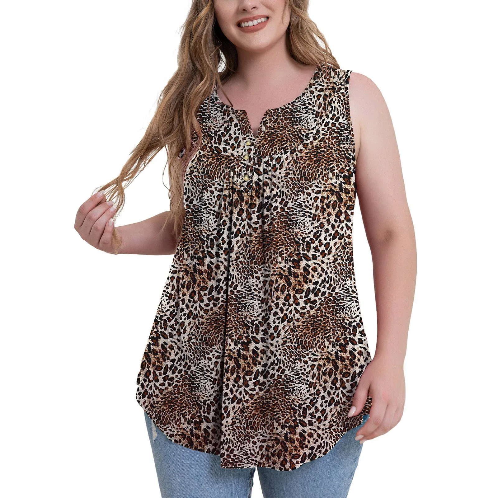 Leopard Pattern Women\'s Top Fashion Sleeveless Short sleeved V-neck Loose Hollow Women\'s Top 2024 Spring Summer Women\'s Top