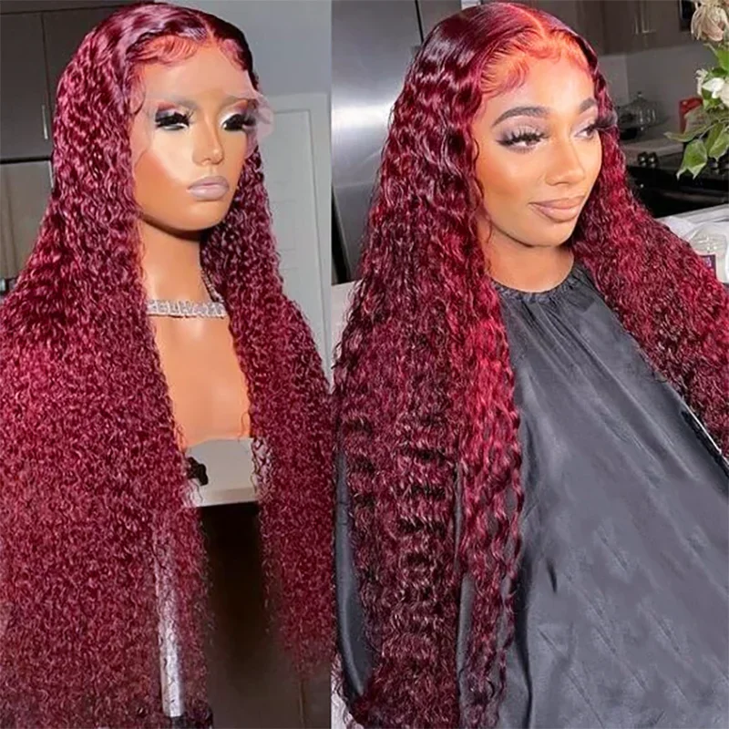 99J Burgundy 34Inch Deep Wave Lace Front Wig Human Hair 13x6 HD Lace Frontal Wig Pre Plucked Red Colored Curly Human Hair Wigs