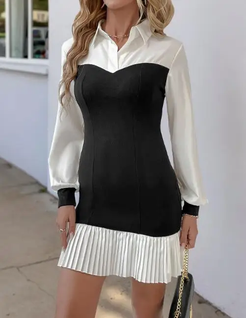 

Color Blocked Splicing Work Commuting Temperament Bag Hip Skirt Women's Fake Two-Piece Dress Summer Elegant Color Blocked Dress