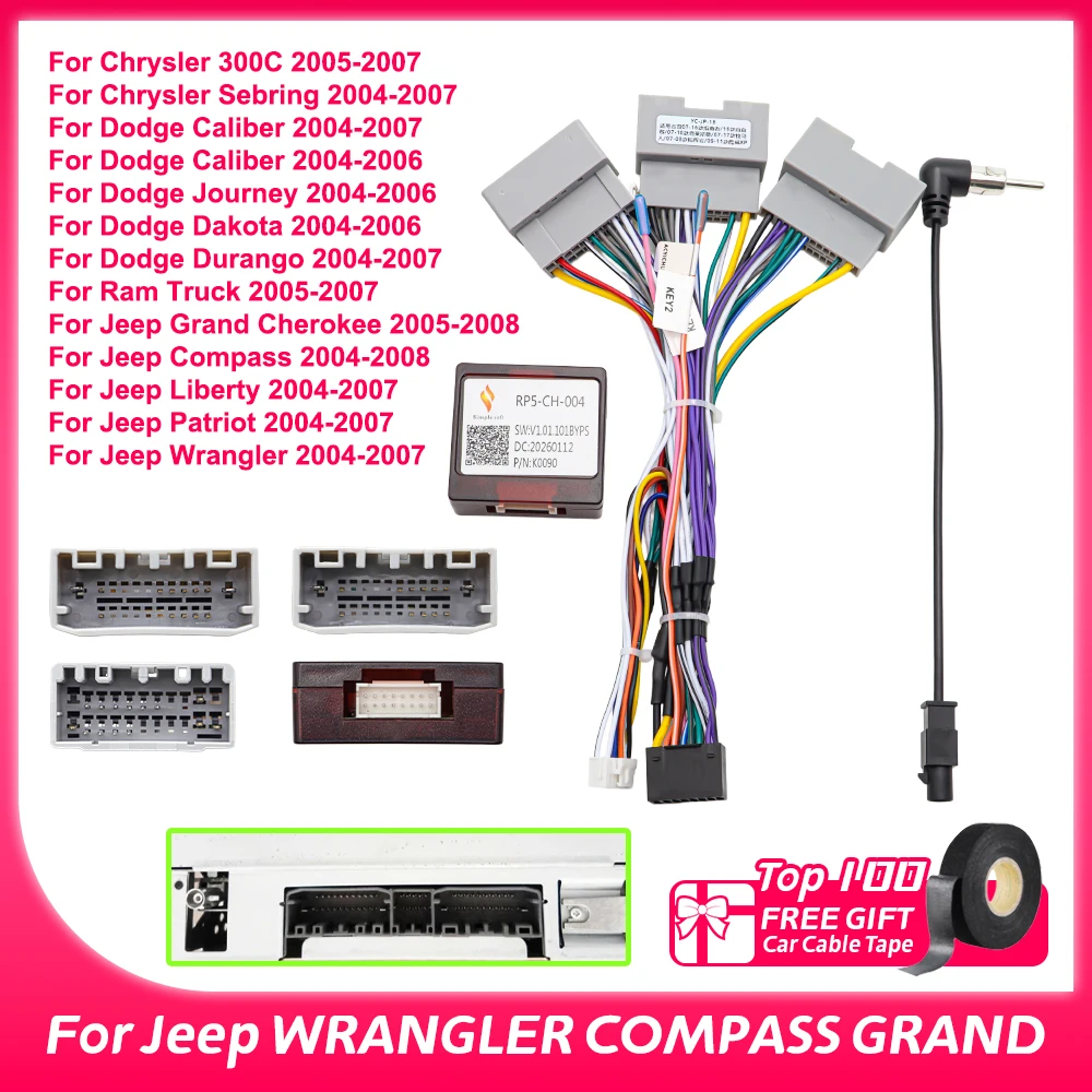 Boîtier décodeur Canbus pour autoradio Android pour Jeep WRANGLER COMPASS GRAND CHEROKEE CHRYSLER, faisceau de câblage, adaptateur, câble d'alimentation