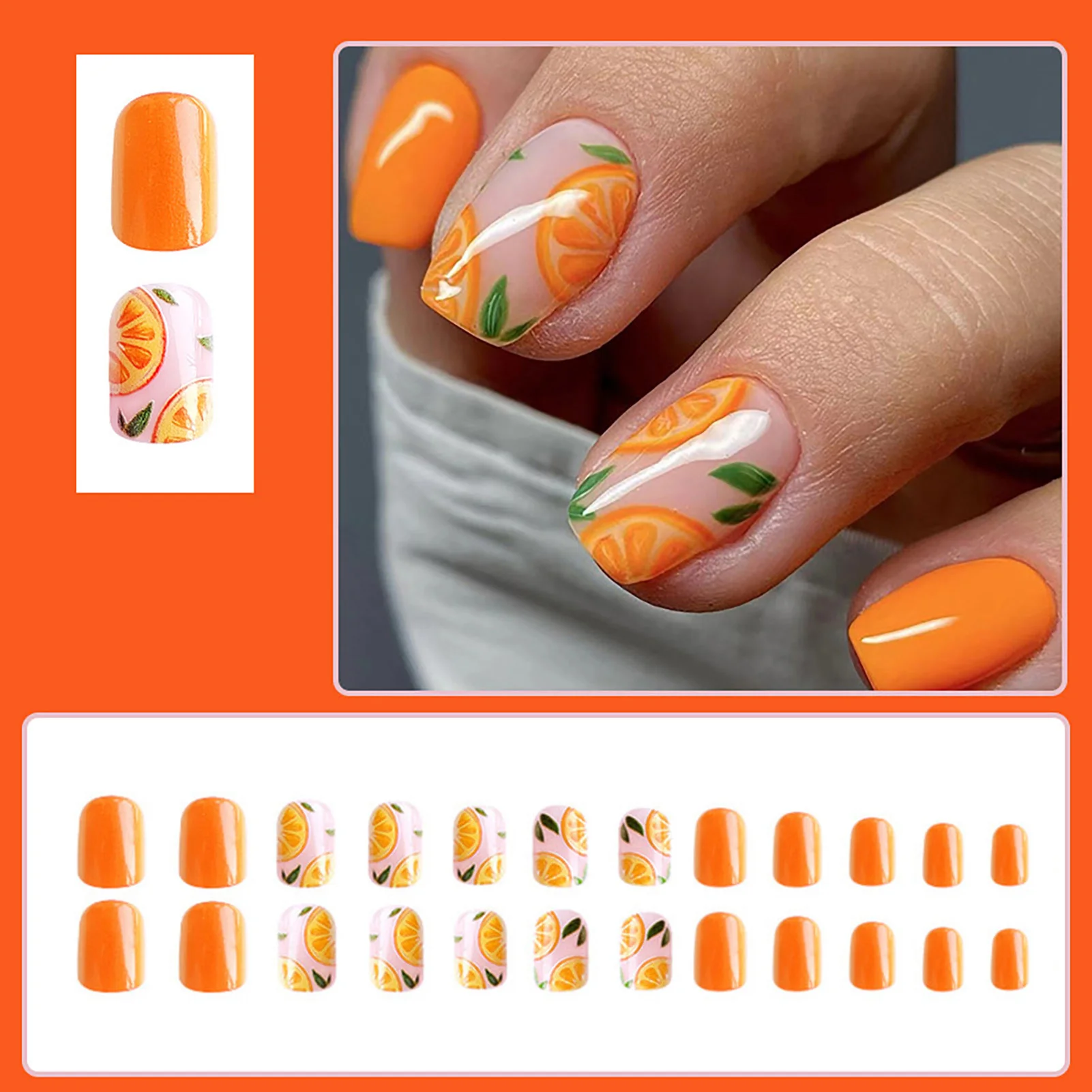 False Nails with Orange Printed Natural Unbreakable Nail Simple Wear for Fingernail DIY Decoration