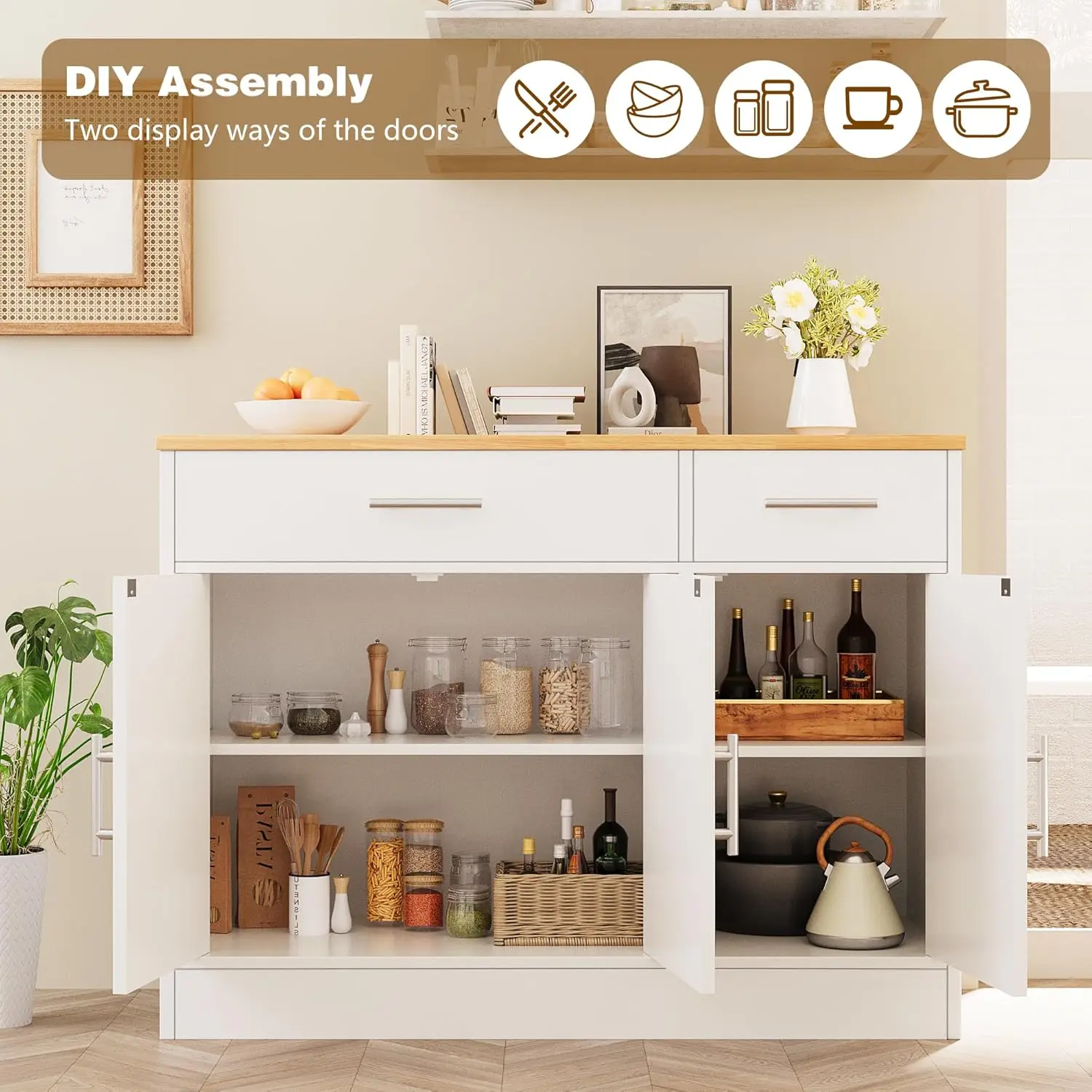 خزانة بوفيه المزرعة مقاس 43 بوصة مع أدراج ورفوف، وطاولة تخزين لغرفة الطعام في المطبخ باللون الأبيض