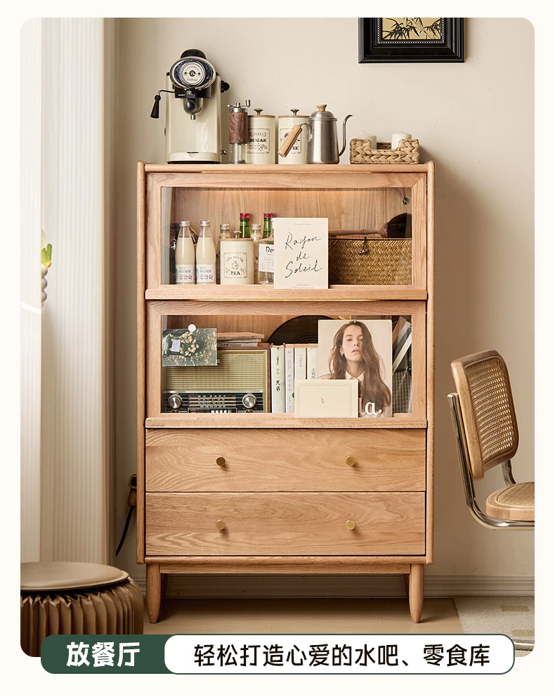 Full Solid Oak Glass Sliding Door Dining Side Storage Living Room Display Cabinet with Light