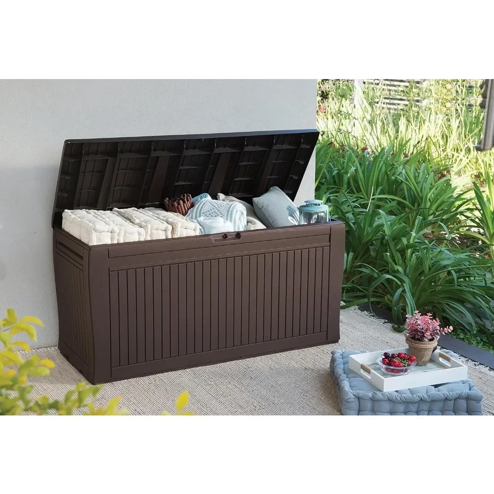 Cómoda de almacenamiento, capacidad 270 L, resina, marrón, jardín y terraza, 44,7 x 116,5 x 57 cm