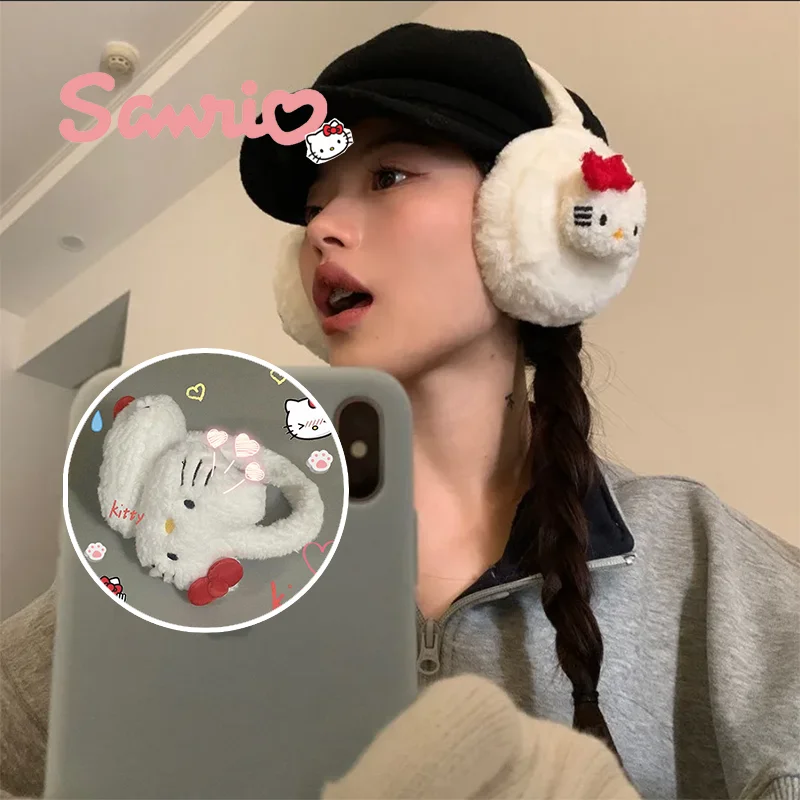 Sanrio-orejera de felpa suave con dibujos animados, calentador Kawaii, Hello Kitty, protección contra el viento al aire libre, cubierta de oreja plegable, juguetes de peluche acolchados, regalo para niña