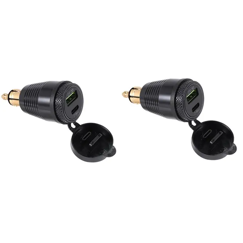 Practical 2Set Motorcycle DIN Plug Waterproof To QC3.0 USB & Type C 30W Power Delivery Adapter Socket